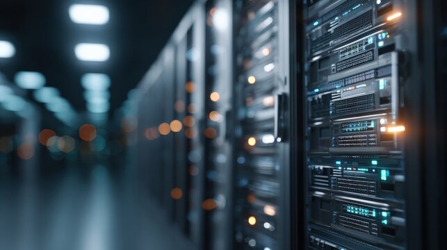 High tech data center interior with server racks and led lighting