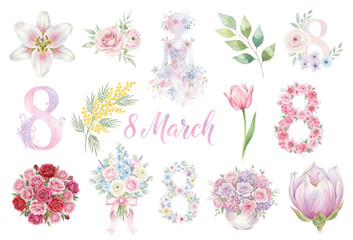 Watercolor 8 March International Women's Day Floral Set
