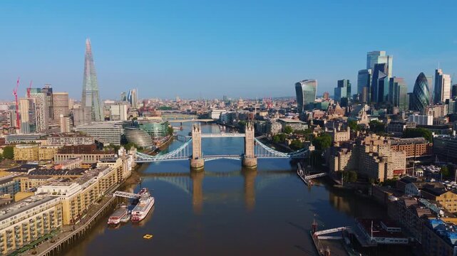 London Cityscape Aerial Pullback Reveal Flythrough of Skyline and Tower Bridge