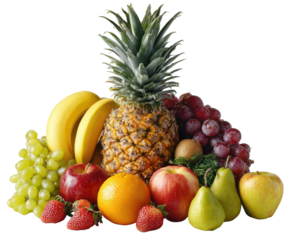 Vibrant fruit assortment, featuring a pineapple, bananas, grapes, apples, oranges, pears, and strawberries