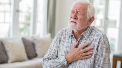 A senior man clutches his chest with a pained expression while standing in his living room. Sunlight streams through the windows indicating its daytime.