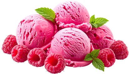 A pile of vivid pink ice cream scoops is nestled beside fresh raspberries and sprigs of green mint, all on a clean white background