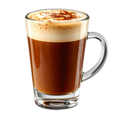 Obraz premium Glass mug filled with layered coffee beverage, topped with foam and sprinkled with cocoa