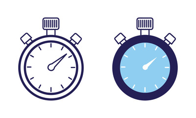Minimalist vector illustration of two blue stopwatch icons side by side, one outlined and one solid, on a clean white background