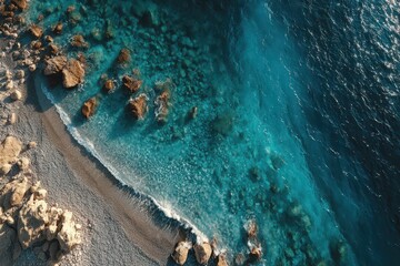 Breathtaking aerial view of a tropical beach with turquoise waters lapping gently, rocky coastline, and serene environment, showcasing a natural paradise.