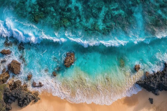 Aerial view of a tropical beach with turquoise water, waves crashing on the shore, and rocky outcrops, showcasing a vibrant and peaceful coastal landscape.
