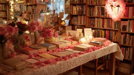 A charming bookstore features a display table adorned with pink flowers candles and a collection of books. Soft lighting enhances the inviting ambiance perfect for readers.
