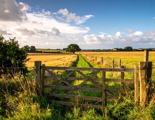 Fototapeta premium A rural scene with a wooden gate leading to a path in the countryside. Fields are gold in the sunlight. The sky is blue with fluffy clouds