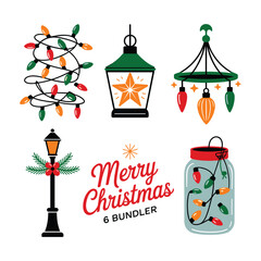 Christmas Light Decor Clipart Set with White Background Holiday Lantern Street Lamp Mason Jar Graphics