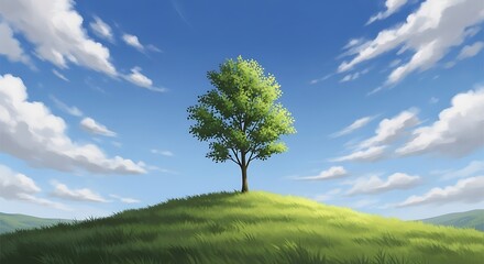 Fototapeta premium Single green tree on grassy hill under blue sky with clouds image