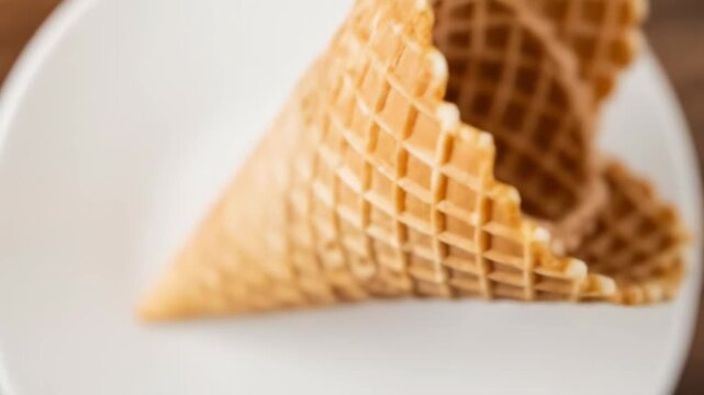 A close-up, top-down view of stacked, empty, golden waffle cones on a white surface