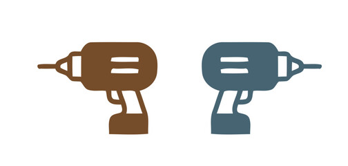 Vector icon set featuring two variations of a cordless drill or power tool, a stylized illustration for construction, home renovation, electrical work, or workshop concepts.