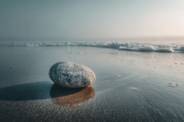A serene scene of a smooth stone resting on the wet sand of a tranquil beach at sunset with soft waves gently rolling in from the misty horizon, casting a soft glow.