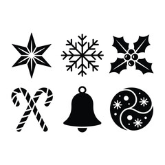 Christmas Silhouette Clipart Set with White Background Holiday Icons Star Snowflake Bell Ornament
