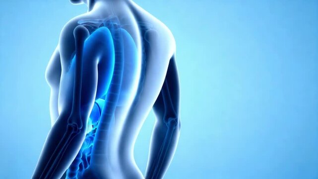 Visualization of a human digital twin: transparent silhouette, highlighted organs, no text; blue palette