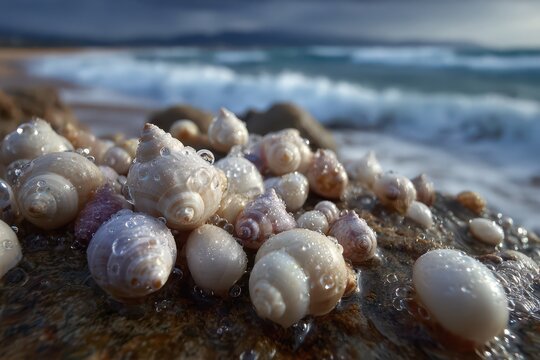 A close-up view of seashells covered in water droplets on a rock, with the ocean waves gently crashing in the blurry background, creating a peaceful and serene scene. - Powered by Adobe
