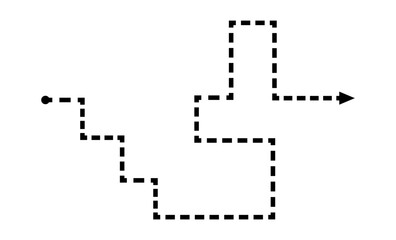 Minimalist maze design featuring a dotted line and arrow indicating direction and pathfinding.