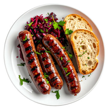 Overhead shot of a white plate featuring grilled sausages, beet salad, and bread slices