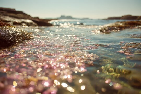 Sparkling shallow water, vibrant bokeh, and colorful submerged elements. - Powered by Adobe