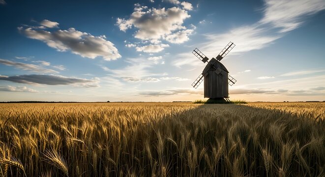Old wooden windmill stands tall in golden wheat field under dramatic blue sky with fluffy clouds at sunset