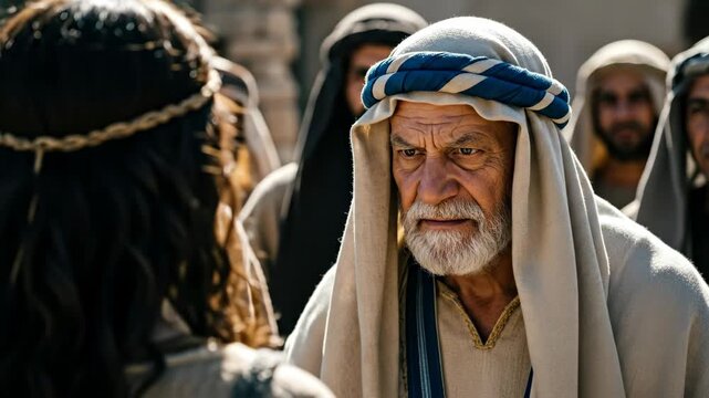 Elderly man, likely a pharisee, speaking to a woman in a crowd in ancient biblical times, religious storytelling footage