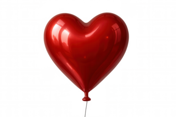Red metallic heart balloon floating isolated on a transparent background, representing love, celebration, and romantic sentiments