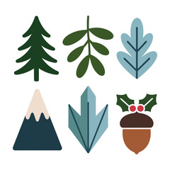 Winter Nature Clipart Set with Christmas Tree, Mountain, Leaf, and Acorn Elements on White Background