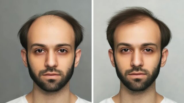 Follicle shift view: Video captures hair restoration stages, comparing pre-treatment look with final outcome, emphasizing density gain, style revival, youthful frame, self-image boost healthy coverage