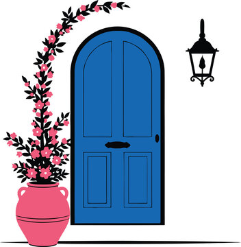 Charming blue arched doorway with blooming orange flowers in a terracotta pot and a vintage lantern