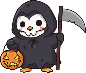 Cartoon penguin dressed as Grim Reaper holding pumpkin bucket and scythe in Halloween spooky vector style