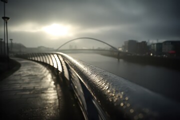 Obraz premium Wet bridge railing shining, misty river, iconic arched bridge, urban mood.