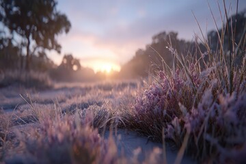 Delicate frosty heather and grass shimmering under a soft sunrise glow.