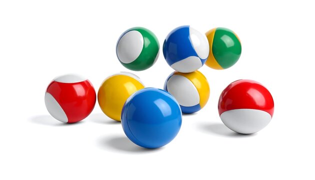 A studio shot featuring eight vibrantly colored spheres with white crescent accents, arranged on a plain white background. The image showcases contrasting colors and shadows