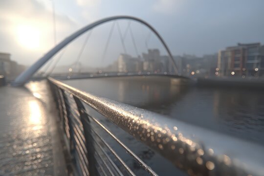 Close-up of glistening water droplets on a bridge railing with sun flare.