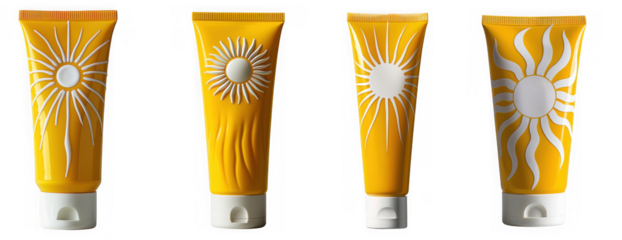 Four yellow tubes of sunscreen with sun designs, isolated on transparent background