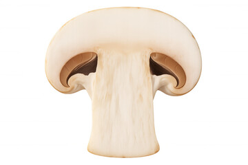Fototapeta premium Sliced mushroom showing cross-section, detail of fresh champignon edible fungi ready for cooking, transparent background