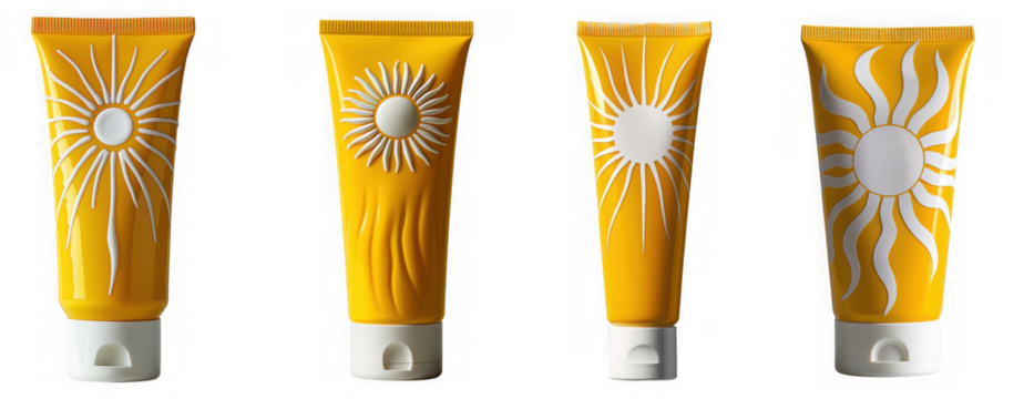 Four yellow tubes of sunscreen with sun designs, isolated on transparent background - Powered by Adobe