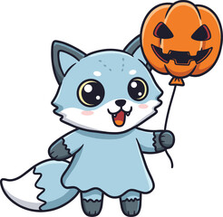 Cartoon blue fox in Halloween costume holding jack-o'-lantern balloon with cheerful expression in festive vector styleCartoon blue box
