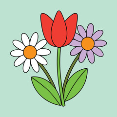 Colorful Flower Bouquet Illustration with Tulip and Daisies on Mint Green Background