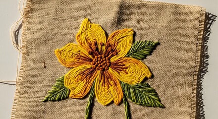 Detailed Yellow Flower Embroidery on Natural Linen — Close-Up of Floral Needlework for Textile Makers and Decor

