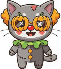 Cartoon Halloween cat with stitched fur wearing pumpkin glasses and clown costume in spooky festive vector style