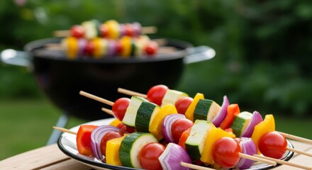 Colorful vegetable skewers on a grill for outdoor summer barbecue party