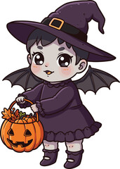 Cartoon Halloween character in witch costume with bat wings holding pumpkin basket filled with candy and leaves