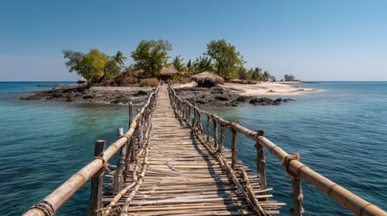 Obraz premium A stunning bamboo bridge stretches across calm blue waters connecting to a tropical island. The scene features palm trees sandy beaches and a bright sunny sky creating a serene escape.