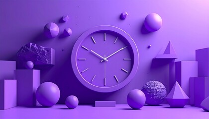 A striking, monochromatic purple scene featuring a clock front and center, surrounded by diverse geometric shapes. The shapes are 3D