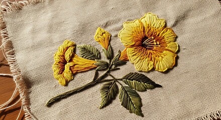 Antique Botanical Embroidery: Yellow Floral Textile Detail — Heritage Craft Photography for Home Decor and DIY
