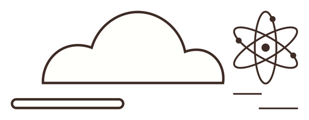 Minimalist cloud and atomic structure line art implying innovation, technology, and science. Ideal for cloud computing, research, digital transformation, education, AI development, futuristic themes