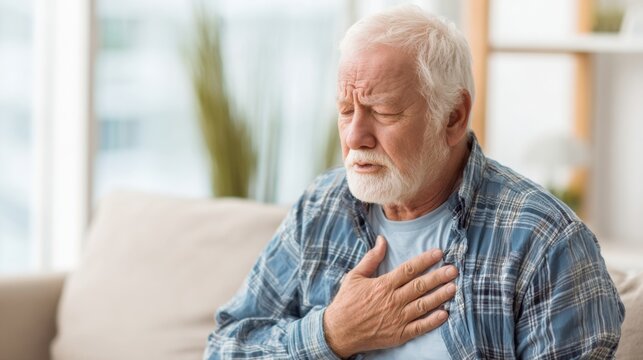 An elderly man feels discomfort as he sits on a couch in a well-lit living room. He holds his chest showing signs of struggling to breathe. - Powered by Adobe