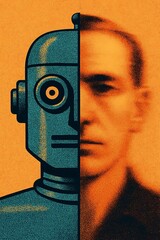 Retro Futurism: Half-Cybernetic Human Portrait in Vintage Deco Palette — Cyberpunk Poster Art for Tech Culture
