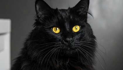 A striking portrait of a fluffy black feline with piercing yellow eyes, contrasted against a blurred gray backdrop